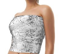Lusofie Falda de Lentejuelas Top Bandeau con Purpurina para Danza del Vientre Pantalones Cortos Top de Lentejuelas sin Tirantes para Mujer Traje de Fiesta Club Traje de Danza del Vientre