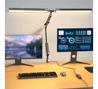 Lustaled Lámpara Escritorio LED con Pinza, Doble Cabezal Flexo Escritorio, 2000LM 20W Regulable, 3 Colores & 10 Niveles de Luz, Negro Luz Monitor con Enchufe para Estudio, Lectura Libro, Oficina