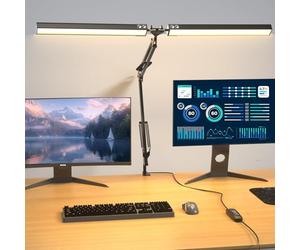 Lustaled Lámpara Escritorio LED con Pinza, Doble Cabezal Flexo Escritorio, 2000LM 20W Regulable, 3 Colores & 10 Niveles de Luz, Negro Luz Monitor con Enchufe para Estudio, Lectura Libro, Oficina