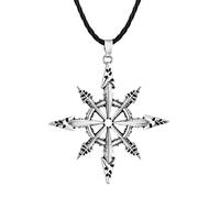 LUTAKU Collar con colgante de estrella caótica satánica para hombres y mujeres, colgante mágico de cábala con rueda de caos, cadena de clavícula de cuero negro, joyería de amuleto, Cuero