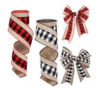 LUTER 2 Rollos 5.5m Arpillera de Cinta a Cuadros, Arpillera a Cuadros de Cintas con Cable Decoraciones Cintas Navideñas para Manualidades Estilo Campestre Nudo de Lazo (Rojo, Negro, Blanco)