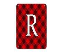 lutieger Letrero de metal de granja con letra R inicial para pared, placa de metal 2022, rojo y negro, diseño a cuadros de búfalo para comedor, oficina, salón, decoración de pared, escritura con