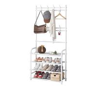 LUTODY - Perchero pie, Colgador de ropa, Con ganchos auxiliar, Soporte resistente compacto con estante para zapatos, Zapatero, Bolso, Accesorios, Prenda, Multifuncional, Salón (Blanco, 4 estantes)