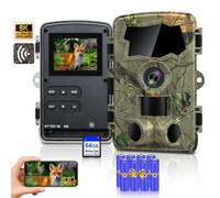 Lutranstra Cámara de caza 5K WiFi, cámara de vida silvestre Full HD de 64MP con aplicación de transmisión a móvil, cámara de infrarrojos para animales salvajes con tarjeta SD de 64G y baterías 8*AA