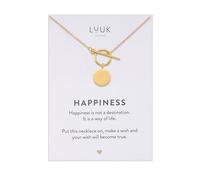 LUUK LIFESTYLE Collar colgante broche T de mujer con tarjeta mensaje HAPPINESS I colgante estilo minimalista para regalo San Valentín, graduación, joyería de calidad para pieles sensibles, dorado