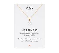 LUUK LIFESTYLE Collar con colgante de perla y tarjeta HAPPINESS, resistente al agua y de calidad, filigrana y discreto, accesorio de moda para ella, diseño moderno y actual, idea de regalo, oro