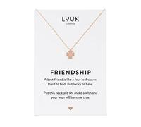 LUUK LIFESTYLE Collar de acero inoxidable con colgante de trébol de cuatro hojas y tarjeta mensaje FRIENDSHIP para tu mejor amiga, colgante buena suerte, joyería resistente de calidad, oro rosa