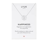 LUUK LIFESTYLE Collar de acero inoxidable para mujeres con colgante Flor | Rosa y dedicatoria Happiness, joyas para mujeres y niñas, diseño sencillo, regalo para el día de San Valentino, plata