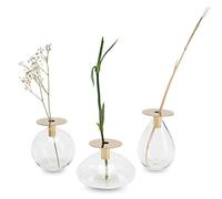 LUUK LIFESTYLE Juego de 3 jarrones, Bola de Vidrio Minimalista, Objeto Decorativo para un Interior escandinavo, jarrón pequeño, Redondo, Ovalado, con Cuello de latón Dorado y Soporte de Madera