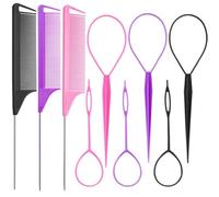 Luumxai Juego de herramientas para peinar el cabello, 9 piezas, 2 peines, 1 púa, 4 peines de cola, morado y rosa