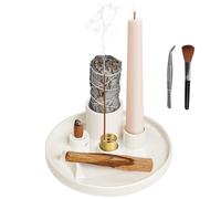 Luvan Porta Incienso de Cerámica Multifuncional 5 EN 1 con Bandeja para Cenizas, Porta Incienso y Vela para Quemar Salvia, Palo Santo, Varitas y Conos de Incienso, para Yoga, Meditación y Zen