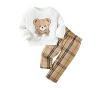 LUVCES 2Pcs Conjunto Ropa para Bebés Niños Casual Manga Larga Estampado Letras Lindo Oso Sweatshirt Pantalones Deportivos Primavera Otoño Trajes Oso a cuadros caqui 12-18 Meses
