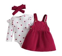 LUVCES 3 Piezas Conjunto Falda con Tirantes de Pana para Niña Recién Nacida Mono Acanalado con Corazón y Diadema Ropa Bonita para Otoño e Invierno San Valentín Corazón rojo de amor 6-12 Meses