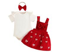 LUVCES 3 Piezas Conjunto Falda con Tirantes de Pana para Niña Recién Nacida Top Acanalado con Corazón y Diadema Ropa Bonita para Otoño e Invierno San Valentín Lazo rojo de manga corta 0-3 Meses