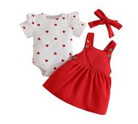 LUVCES 3 Piezas Conjunto Falda con Tirantes de Pana para Niña Recién Nacida Top Acanalado con Corazón y Diadema Ropa Bonita para Otoño e Invierno San Valentín Corazón rojo de amor 0-3 Meses