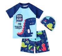 LUVCES 3Piezas Conjunto Traje de Baño para Niños Estampado Dinosaurio Bañadores para Niño Rash Guard y Sombrero de Sol para Playa de Verano 3Pcs Dinosaurio 5-6 Años