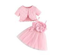 LUVCES Bebe Niñas Verano Conjuntos Tutú Vestido y Cárdigan 2 Piezas Set de Estampado Floral Sin Mangas Princesa Tulle Vestido y Cárdigan Ropa Conjunto Manga Corta Rosa 6-9 Meses
