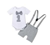 LUVCES Bebé Niño 1 Año Compleanno Ropa Wild One Estampado Mameluco de Caballero+ Pantalones Cortos con Tirantes Conjunto de Trajes Compleannos One Gris 9-12 Meses