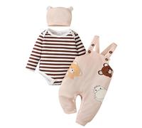 LUVCES Conjunto de 3 Piezas para Bebés Niño de Otoño Mono de Dibujos Animados + Babero con Pantalones a Bretelles de Oso y Cachorro Ropa de Primavera Traje 3Pcs oso pardo rayado 0-3 Meses