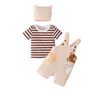 LUVCES Conjunto de 3 Piezas para Bebés Niño de Otoño Mono de Dibujos Animados + Babero con Pantalones a Bretelles de Oso y Cachorro Ropa de Primavera Traje Manga corta a rayas marrones Oso 12-18 Meses