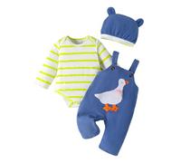 LUVCES Conjunto de 3 Piezas para Bebés Niño de Otoño Mono de Dibujos Animados + Babero con Pantalones a Bretelles de Oso y Cachorro Ropa de Primavera Traje 3Pcs Ganso de rayas verdes 6-12 Meses