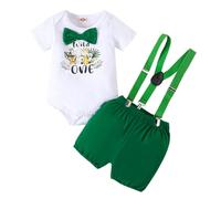 LUVCES Conjunto de Cumpleaños Bebé Niño My First Cumpleaños Manga Corta Pelele Caballero con Pajarita Top+ Tirantes Pantalones Cortos 2Pcs Conjuntos Ropa Wild One Verde 9-12 Meses