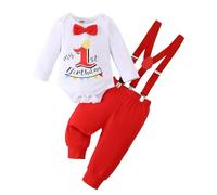 LUVCES Conjunto de Cumpleaños Bebé Niño My First Cumpleaños Manga Larga Pelele Caballero con Pajarita Top+ Tirantes Pantalones 2Pcs Conjuntos Ropa Manga larga azul primer cumpleaños 9-12 Meses