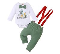 LUVCES Conjunto de Cumpleaños Bebé Niño My First Cumpleaños Manga Larga Pelele Caballero con Pajarita Top+ Tirantes Pantalones 2Pcs Conjuntos Ropa Mangas largas verde claro 12-18 Meses