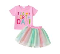 LUVCES Conjunto de Cumpleaños para Niña Pequeña, Camiseta con Bordado de Letras+ Colorida Tutú Falda de Tul Vestidos de Cumpleaños para Niñas Rosa IT'S MY BIRTHDAY 5-6 Años