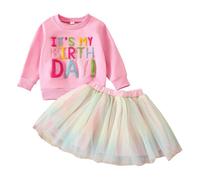 LUVCES Conjunto de Cumpleaños para Niña Pequeña, Camiseta con Bordado de Letras+ Colorida Tutú Falda de Tul Vestidos de Cumpleaños para Niñas Mangas largas rosas 4-5 Años