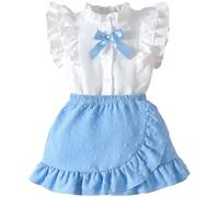 LUVCES Conjunto de Falda para Bebé Niña Blusa Sin Mangas con Ribete de Volantes y Lazo+ Elegante Lunares Suizos Falda 2 Piezas Ropa de Verano Azul 2-3 Años