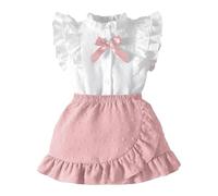 LUVCES Conjunto de Falda para Bebé Niña Blusa Sin Mangas con Ribete de Volantes y Lazo+ Elegante Lunares Suizos Falda 2 Piezas Ropa de Verano Rosa 2-3 Años
