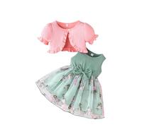 LUVCES Conjunto de Tutú Vestido y Cárdigan para Bebe Niña Elegante Sin Mangas Pajarita Tul Vestido y Cárdigan Set verano 2 Piezas Vestido Ropa Trajes Manga corta rosa 18-24 Meses