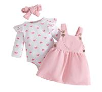 LUVCES Conjunto Falda de Pana para Bebé Niñas Manga Larga Acanalado con Forma de Corazón Top+ Vestido con Tirantes +Diadema 3 Piezas Ropa Traje para San Valentín Corazón de amor rosa 12-18 Meses