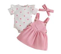 LUVCES Conjunto Falda de Pana para Bebé Niñas Manga Larga Acanalado con Forma de Corazón Top+ Vestido con Tirantes +Diadema 3 Piezas Ropa Traje para San Valentín Corazón de amor rosa 0-3 Meses