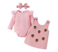 LUVCES Conjunto Falda de Pana para Bebé Niñas Manga Larga Acanalado con Forma de Corazón Top+ Vestido con Tirantes +Diadema 3 Piezas Ropa Traje para San Valentín Fresa de rayas rosas 12-18 Meses