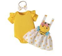 LUVCES Conjunto Ropa Bebé Niñas Manga Corta con Volantes Top + Estampado Floral Falda Vestido con Tirantes+Diadema 3 Piezas Trajes Verano Ropa Abeja amarilla 0-3 Meses