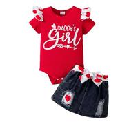 LUVCES Conjunto Ropa para Bebé Niña de Verano Manga Corta Estampado de Letras Mameluco+ Falda Vaquera Rota Ropas de verano Trajes Rojo Daddy's Girl 3-6 Meses