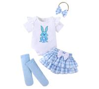 LUVCES Conjunto Ropa para Niñas Recién Nacidas Manga Corta Estampado de Conejito Mameluco Top + Bowknot Pantalones Cortos +Calcetín 3Pcs Trajes de Pascua Conejito azul 12-18 Meses