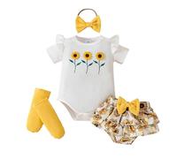 LUVCES Conjunto Ropa para Niñas Recién Nacidas Manga Corta Estampado Mameluco Top + Bowknot Pantalones Cortos +Calcetín 3Pcs Trajes de Verano Girasol amarillo 12-18 Meses