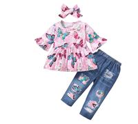 LUVCES Conjuntos de Bebé Niña Pequeña Manga con Volantes Camiseta Rayas y Flores Top y Pantalones con Volantes Lindo Otoño Primavera Ropa de Trajes 3Pcs mariposa rosa 2-3 Años