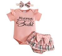 LUVCES Conjuntos de Verano para Bebés Niñas Cute Estampado Letras Manga con Volantes Camiseta Top+ Pantalones Cortos y Diadema 3 Piezas Trajes de Ropa Rosa Mama is my Bestie 12-18 Meses