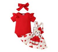 LUVCES Conjuntos Faldas de Corazón Rojo para Bebé Niñas Manga Corta Mameluco con Volantes + Mono Vestido con Tirantes Ropa para el día de San Valentín 3pcs estampado de amor 2 3-6 Meses