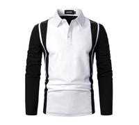 LUVCES Polo Hombre Manga Larga a Rayas para Camisas de Colores Contrastantes Polos de Golf de Algodón de Corte Ajustado Manga Larga Negro + Blanco L