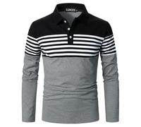 LUVCES Polo Hombre Manga Larga a Rayas para Camisas de Colores Contrastantes Polos de Golf de Algodón de Corte Ajustado Manga Larga Negro + Gris XXL