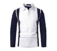 LUVCES Polo Hombre Manga Larga a Rayas para Camisas de Colores Contrastantes Polos de Golf de Algodón de Corte Ajustado Manga Larga Azul Marino + Blanco M