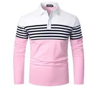 LUVCES Polo Hombre Manga Larga a Rayas para Camisas de Colores Contrastantes Polos de Golf de Algodón de Corte Ajustado Manga Larga Blanco + Rosa L
