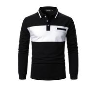 LUVCES Polo Hombre Manga Larga Casual Bloques de Colores Cuello Contraste Camiseta Algodón Golf Polo Shirt Tops Manga Larga Negro + Blanco S
