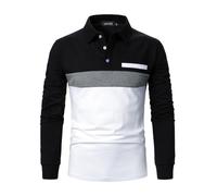 LUVCES Polo Hombre Manga Larga Casual Bloques de Colores Cuello Contraste Camiseta Algodón Golf Polo Shirt Tops Manga Larga Negro + Gris + Blanco L