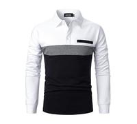 LUVCES Polo Hombre Manga Larga Casual Bloques de Colores Cuello Contraste Camiseta Algodón Golf Polo Shirt Tops Manga Larga Blanco+Gris+Azul Marino S